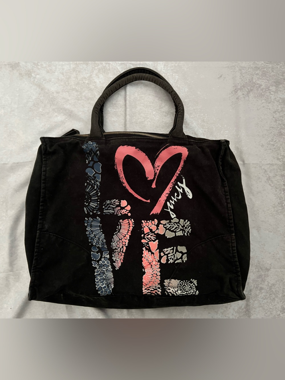 Vintage Juicy Couture Black Tote with Pink Heart and Blue Accents